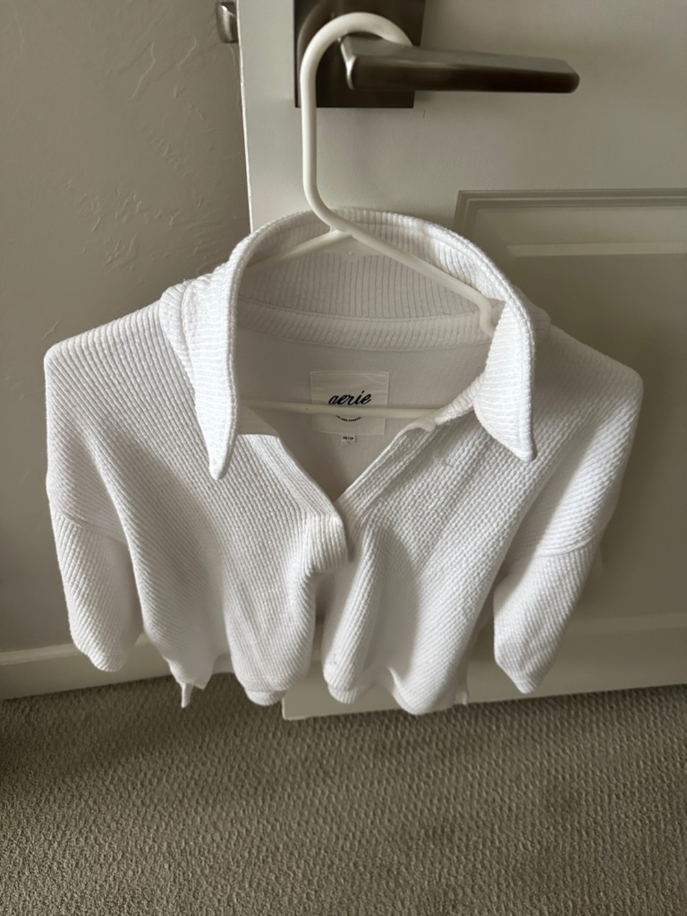 aerie White Ribbed V-Neck Polo Sweater